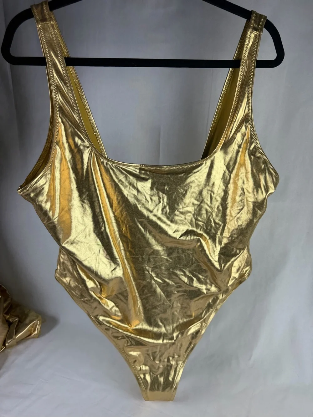 SKIMS Gold Metallic One-Piece Bathing Suit with Matching Sarong Skirt